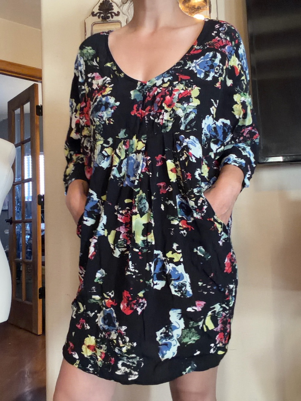 Philosophy Black V-Neck Mini Dress with Multicolor Floral Print